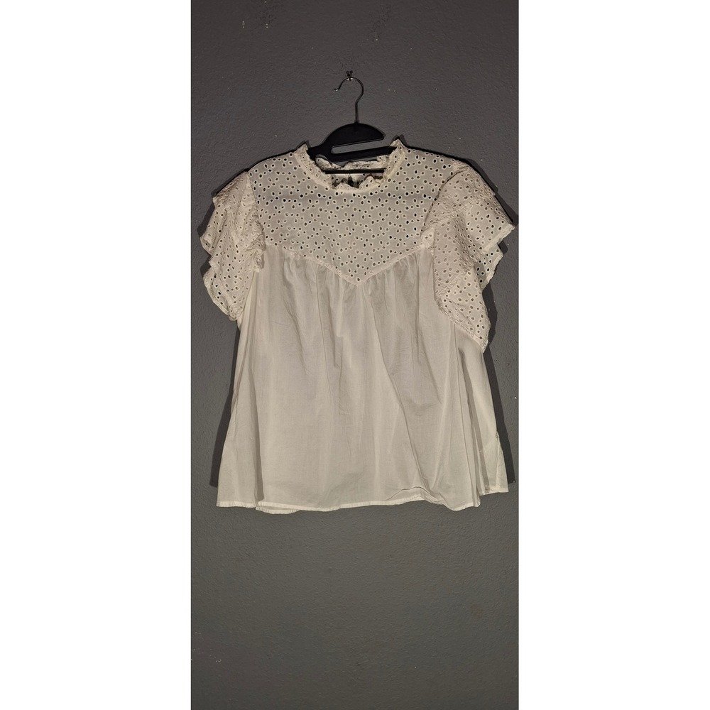 A New Day White Eyelet Ruffle Sleeve Mock Neck Blouse XXL Cotton Top